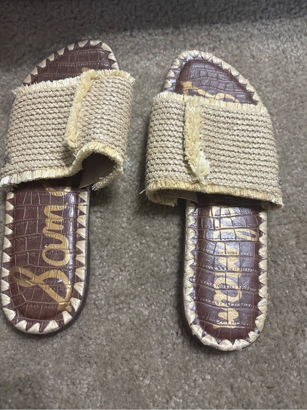 Sam Edelman Beige Woven Raffia Slide Sandals with Brown Footbed